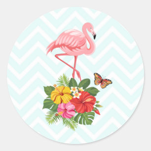 Pink Flamingo & Tropical Hibiscus Fancy Classic Round Sticker