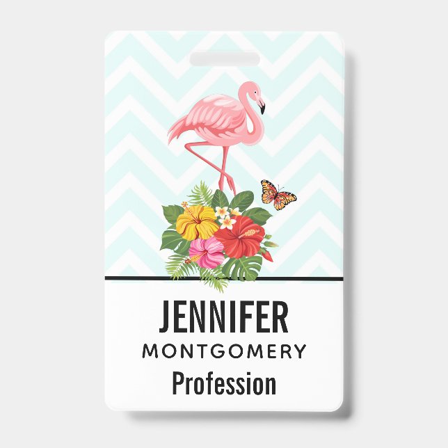 Pink Flamingo & Tropical Hibiscus Fancy ID Badge (Front)