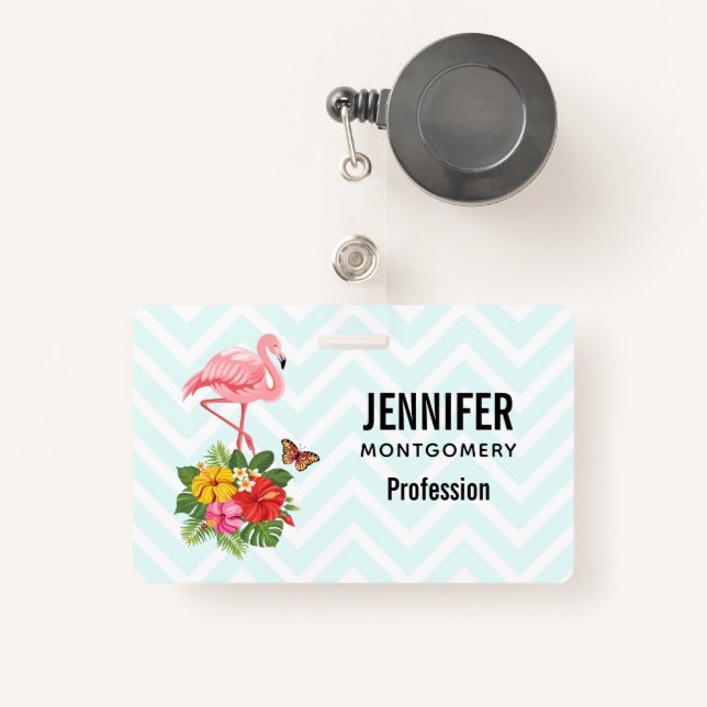 Pink Flamingo & Tropical Hibiscus Fancy ID Badge (Front with Retractable)