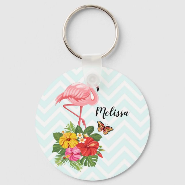 Pink Flamingo & Tropical Hibiscus Fancy Key Ring (Front)