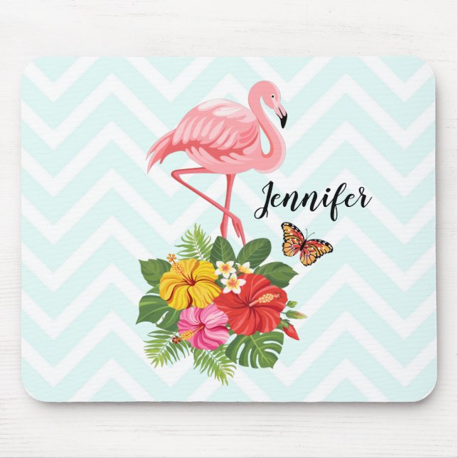 Pink Flamingo & Tropical Hibiscus Fancy Mouse Pad (Front)