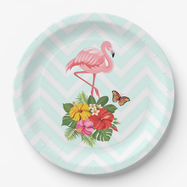 Pink Flamingo & Tropical Hibiscus Fancy Paper Plate (Front)