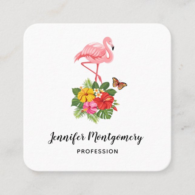Pink Flamingo & Tropical Hibiscus Fancy Square Business Card (Front)
