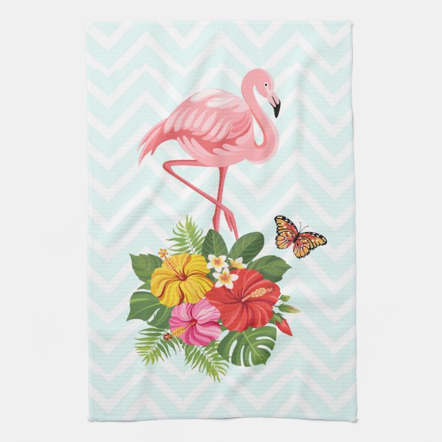 Pink Flamingo & Tropical Hibiscus Fancy Tea Towel (Vertical)
