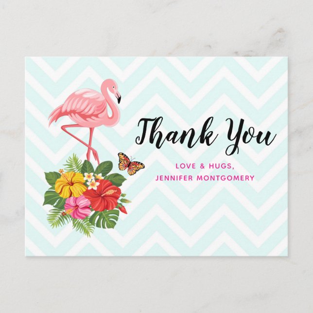 Pink Flamingo & Tropical Hibiscus Fancy Thank You Postcard (Front)