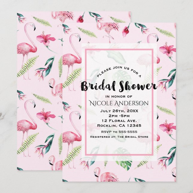 Pink Flamingo Tropical Hibiscus Floral Bridal Invitation (Front/Back)