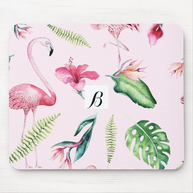 Pink Flamingo Tropical Hibiscus Floral Fun Mouse Pad (Front)