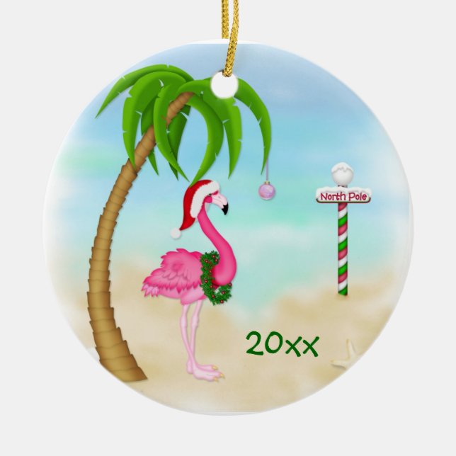 Pink Flamingo Tropical Holiday Ceramic Tree Decoration (Front)
