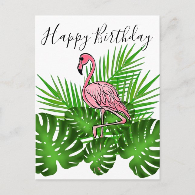 Pink Flamingo, tropical jungle happy birthday Postcard (Front)