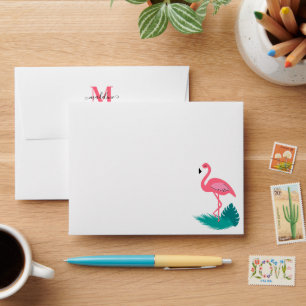 Pink Flamingo Tropical Leaf Monogram Address Envelope
