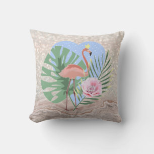 Pink Flamingo tropical leaf palm Cushion