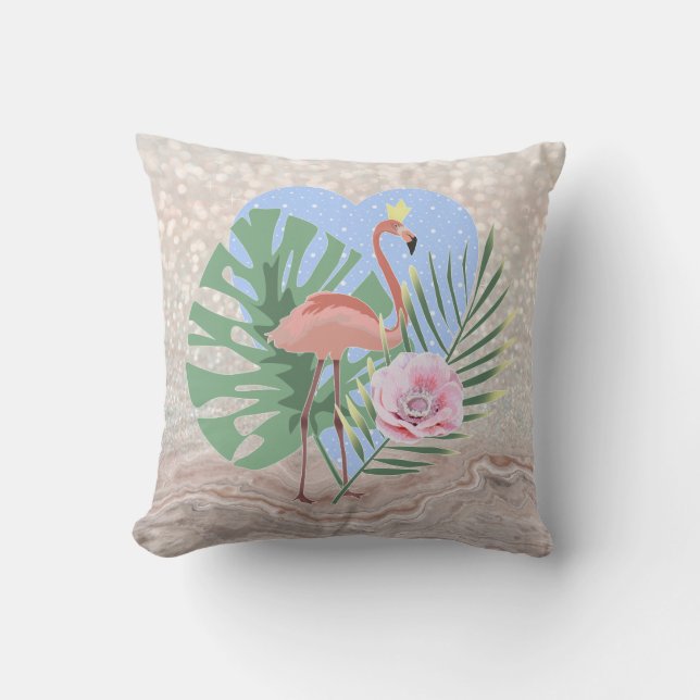 Pink Flamingo tropical leaf palm Cushion (Front)