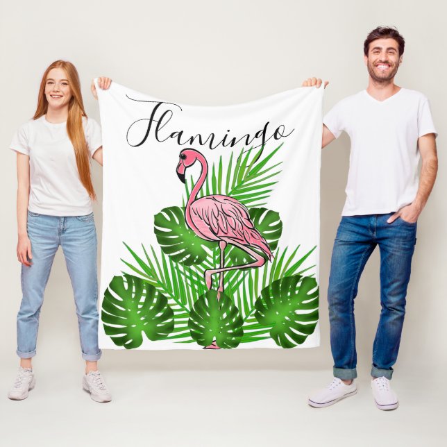 Pink Flamingo, tropical Leaves Fleece Blanket (In Situ)