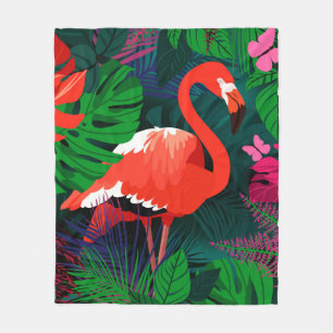 Pink flamingo. Tropical leaves, pink butterfly,  Fleece Blanket