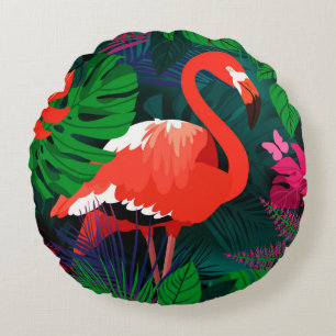 Pink flamingo. Tropical leaves, pink butterfly,  Round Cushion