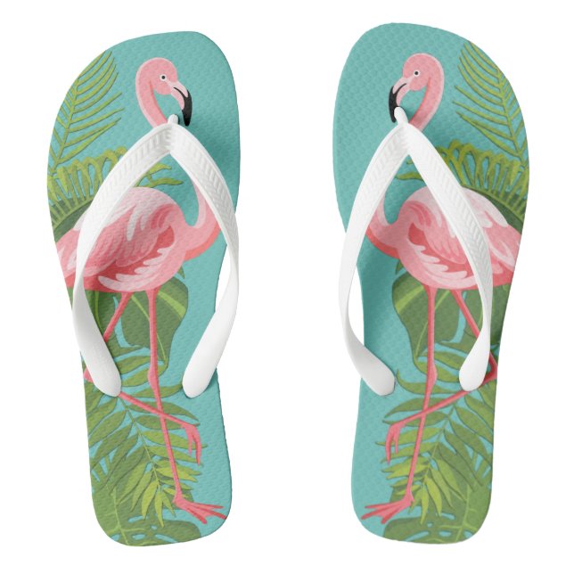 Pink Flamingo Tropical Leaves Turquoise Jandals (Footbed)