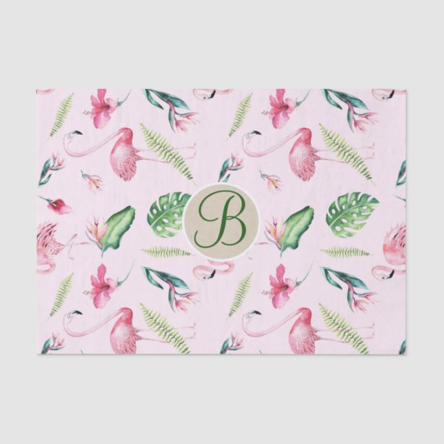 Pink Flamingo Tropical Monogram Letter Initial Tissue Paper (Front)