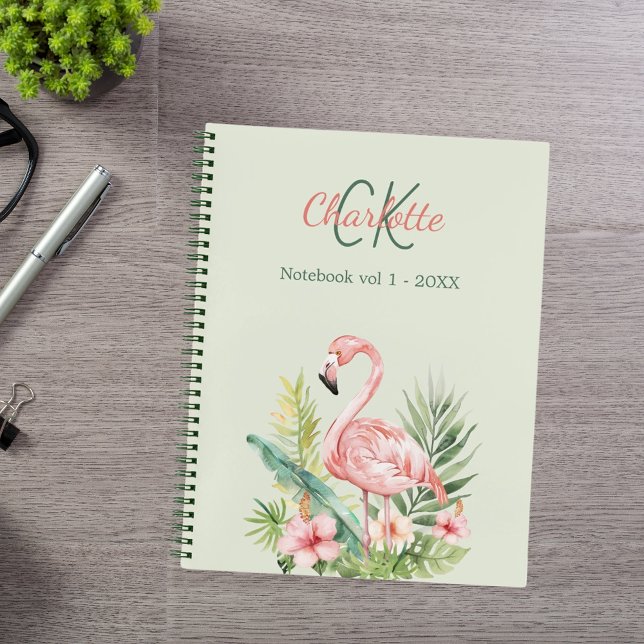 Pink flamingo tropical monogram sage green notebook (Creator Uploaded)