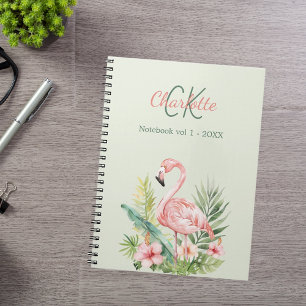 Pink flamingo tropical monogram sage green notebook