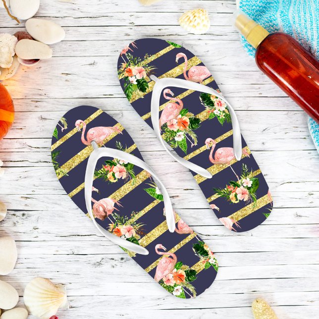 Pink Flamingo Tropical Navy Blue Gold Jandals (Creator Uploaded)