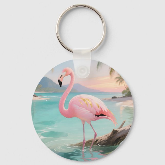 Pink Flamingo Tropical Paradise Key Ring (Front)