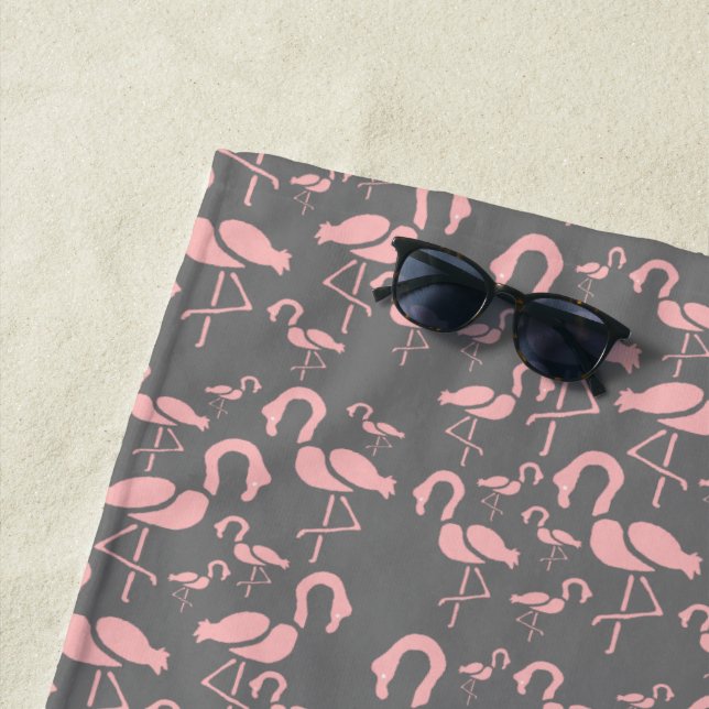 Pink Flamingo tropical pink and grey retro Beach Towel (In Situ)