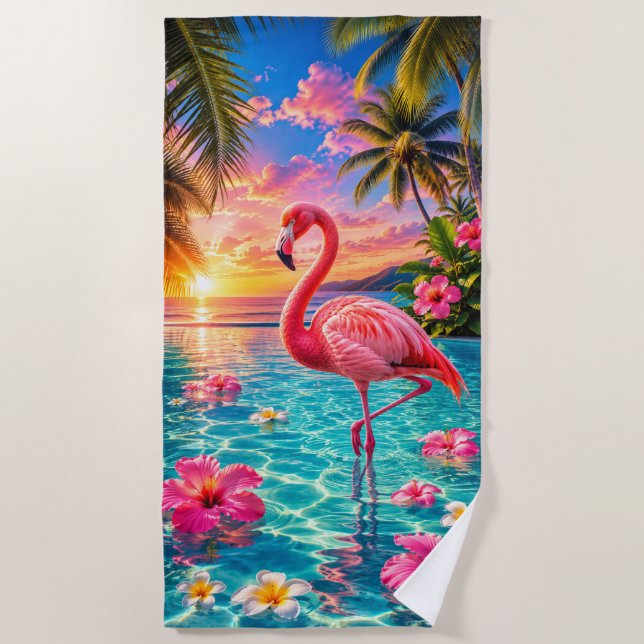 Pink Flamingo Tropical Pool Beach Towel (Front)