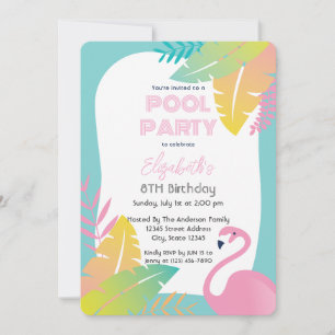 Pink Flamingo Tropical Pool Party Birthday Invitation