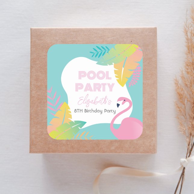 Pink Flamingo Tropical Pool Party Birthday Square Sticker (Creator Uploaded)