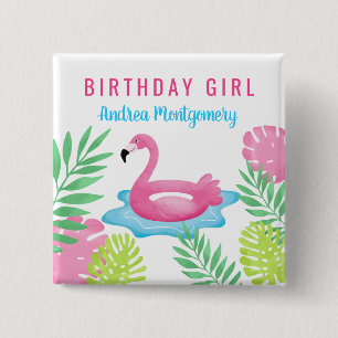 Pink Flamingo Tropical Pool Party Button Name Tag