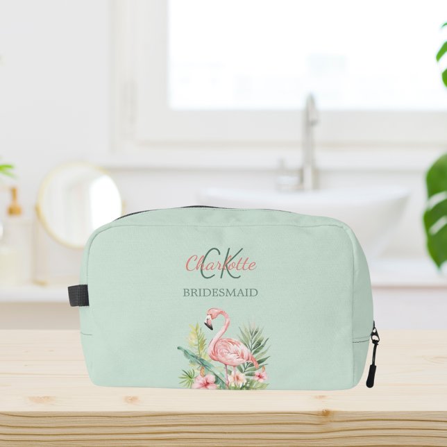 Pink flamingo tropical sage green bridesmaid dopp kit (Creator Uploaded)