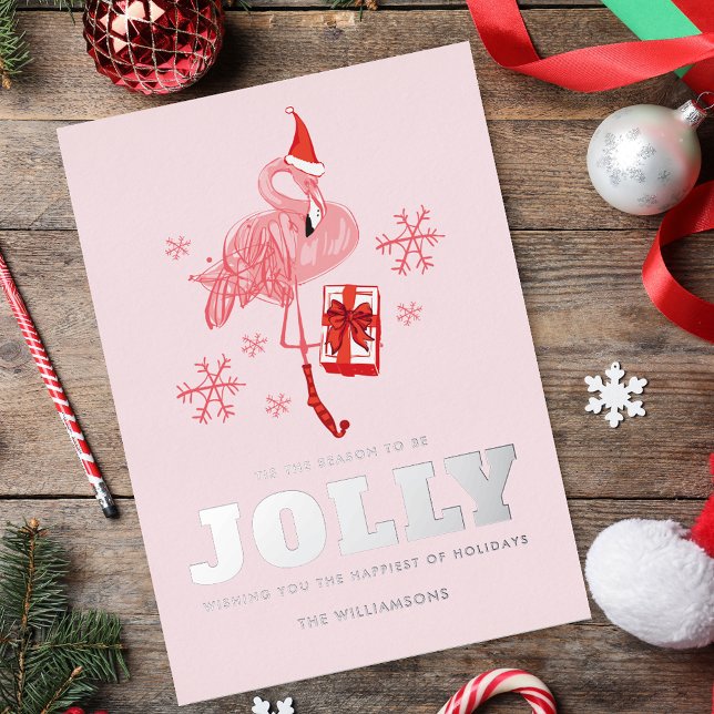 Pink Flamingo Tropical Santa Christmas (Pink Flamingo Tropical Santa Christmas Silver Foil Holiday Card)