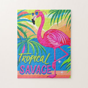 Pink flamingo Tropical  standing on one leg Jigsaw Puzzle