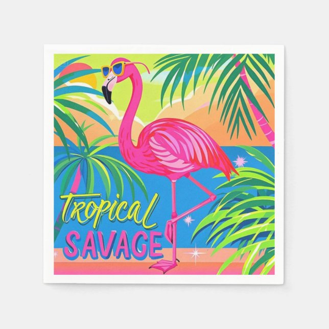 Pink flamingo Tropical  standing on one leg Napkin (Front)