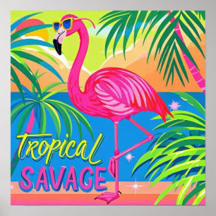 Pink flamingo Tropical  standing on one leg Poster