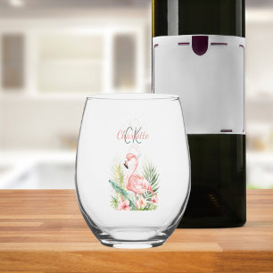 Pink flamingo tropical summer monogram stemless wine glass