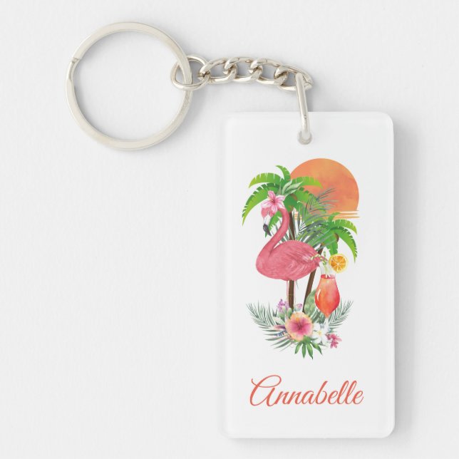 Pink Flamingo Tropical Vacation Acrylic Keychain (Front)