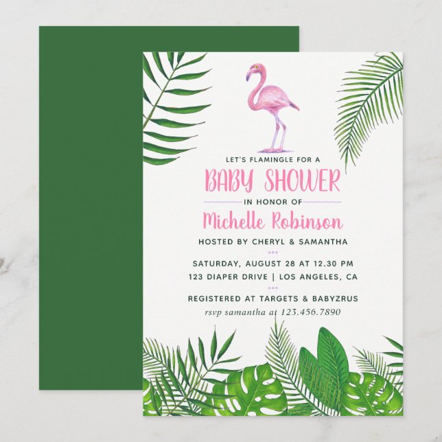 Pink Flamingo Tropical Watercolor Girl Baby Shower Invitation (Front/Back)