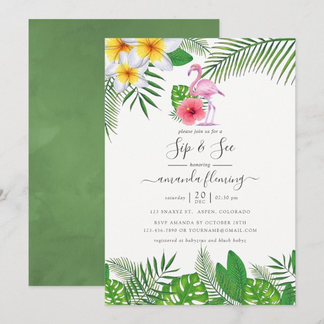 Pink Flamingo Tropical Watercolor Girl Sip and See Invitation (Front/Back)