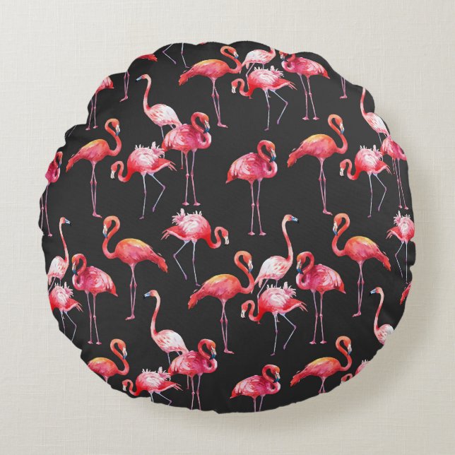 Pink Flamingo: Tropical Watercolor Pattern. Round Cushion (Front)