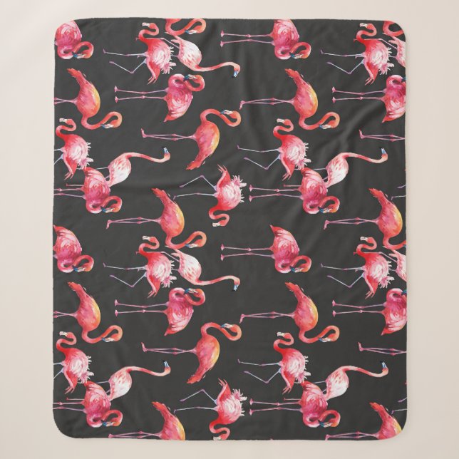 Pink Flamingo: Tropical Watercolor Pattern. Sherpa Blanket (Front)