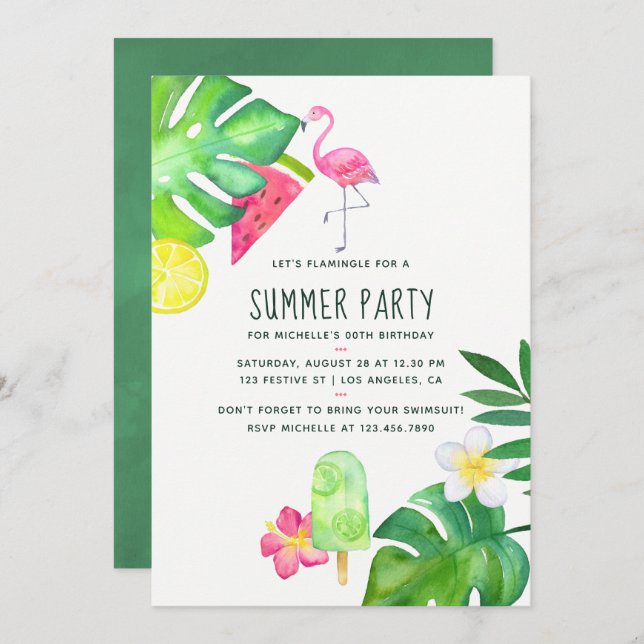 Pink Flamingo Tropical Watercolor Summer Birthday Invitation (Front/Back)
