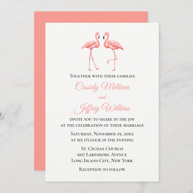 Pink Flamingo Tropical Wedding Cute Summer Beach Invitation (Front/Back)