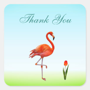 Pink Flamingo & Tulip Flower Thank You Square Stic Sticker