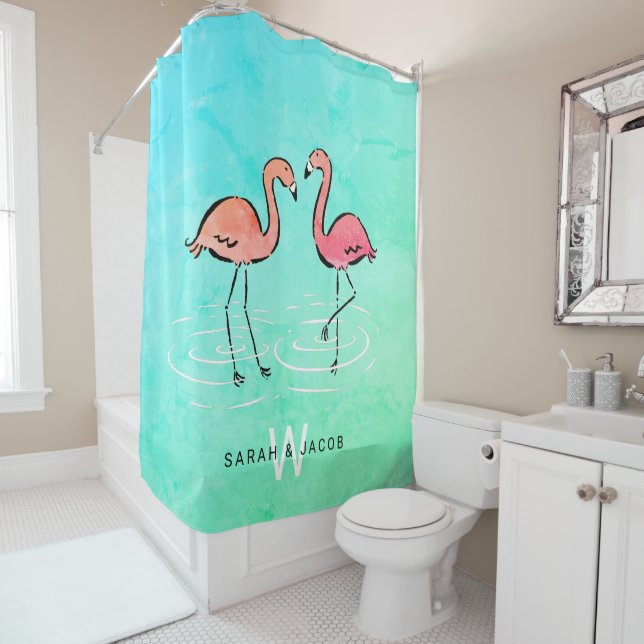 Pink Flamingo Turquoise Watercolor Monogram Name Shower Curtain (In Situ)