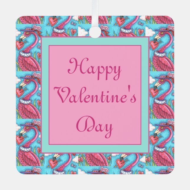 PINK FLAMINGO VALENTINE HEARTS, CUTE LOVE BIRDS METAL TREE DECORATION (Front)