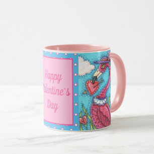 PINK FLAMINGO VALENTINE HEARTS, CUTE LOVE BIRDS MUG