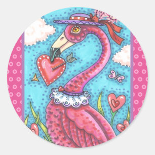 PINK FLAMINGO VALENTINE HEARTS, LOVE BIRD WHIMSY CLASSIC ROUND STICKER