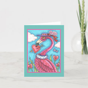 PINK FLAMINGO VALENTINE HEARTS, LOVE BIRD WHIMSY HOLIDAY CARD