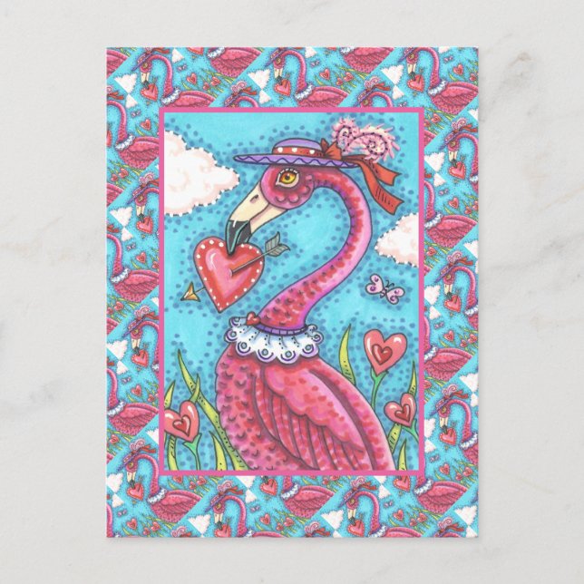 PINK FLAMINGO VALENTINE HEARTS, LOVE BIRD WHIMSY HOLIDAY POSTCARD (Front)